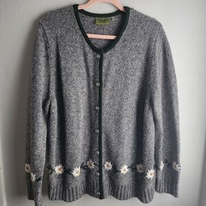 Vintage Country Blue Floral Knit Cardigan Sweater XXL Wool Blend